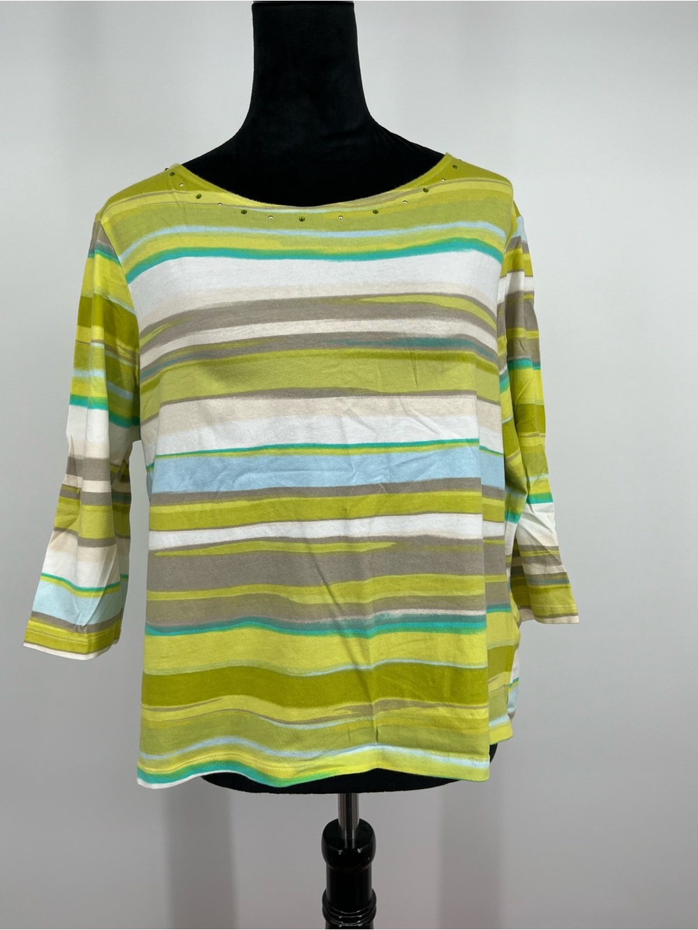 hearts of palm Green Multi-Stripe Boatneck Long Sleeve Top